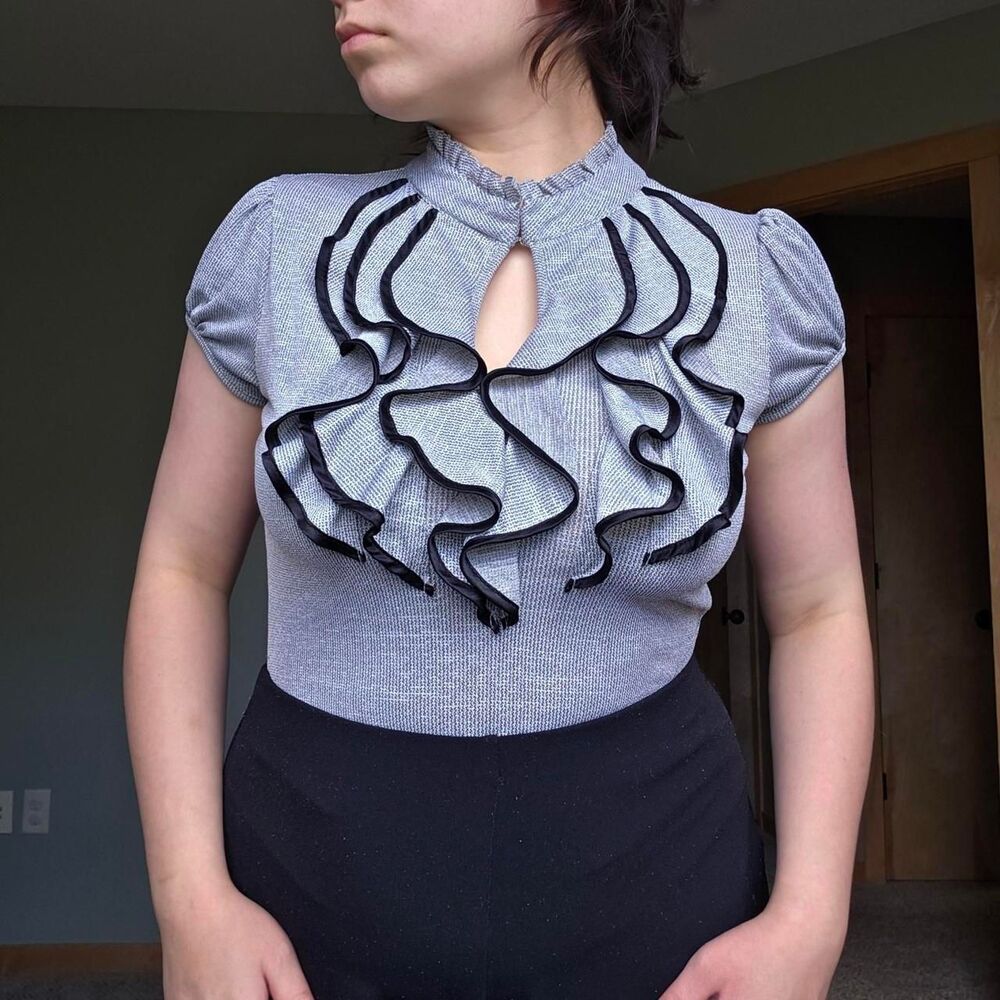 Y2k Grey Ruffle Office Siren Top